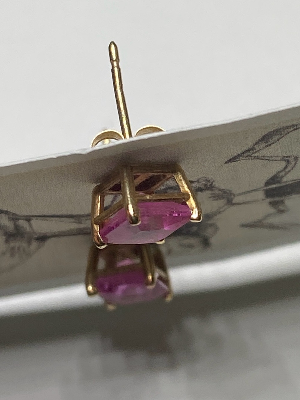 14K Yellow Gold Pink Sapphire Square Stud Post Earrings - Picture 5 of 8